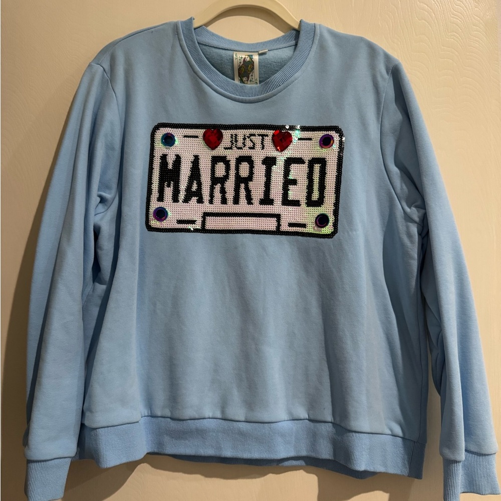 QUEEN OF SPARKLES Light Blue 'Just Married' Sweater